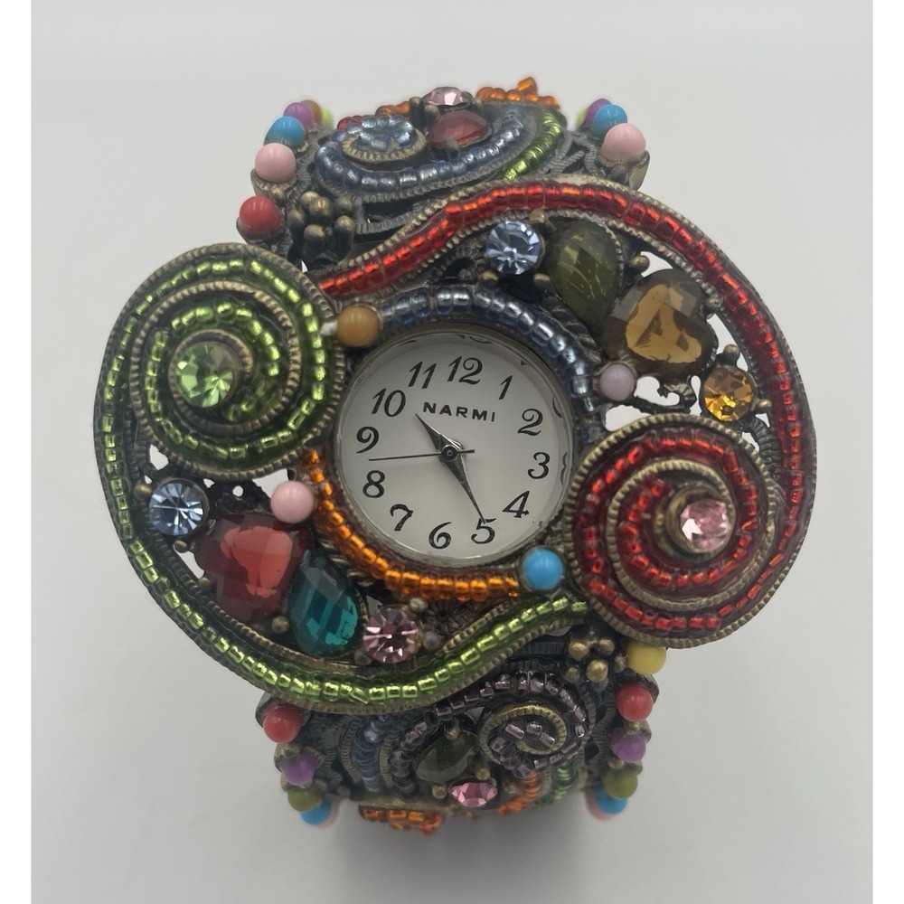 Narmi Quartz Beaded Hinge Bracelet Watch Brass Tone Multicolor Jewel New Battery